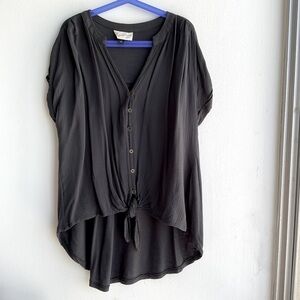 Black Button-Down Tie Waist Blouse